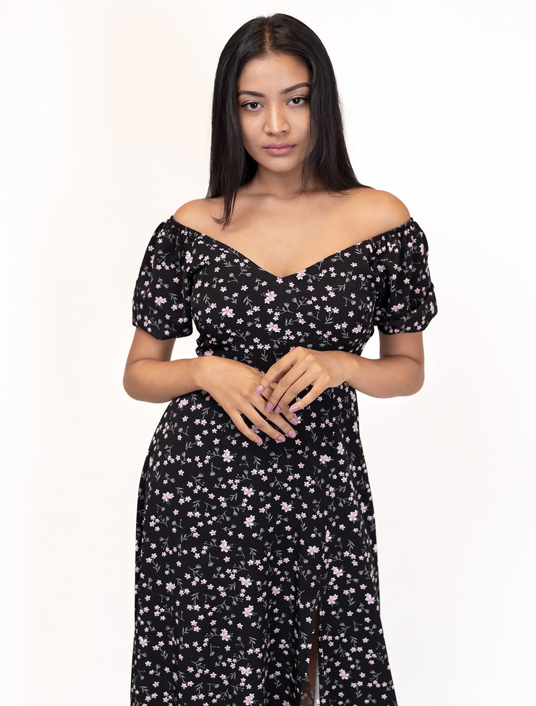 Aaliya Black Floral Midi Dress