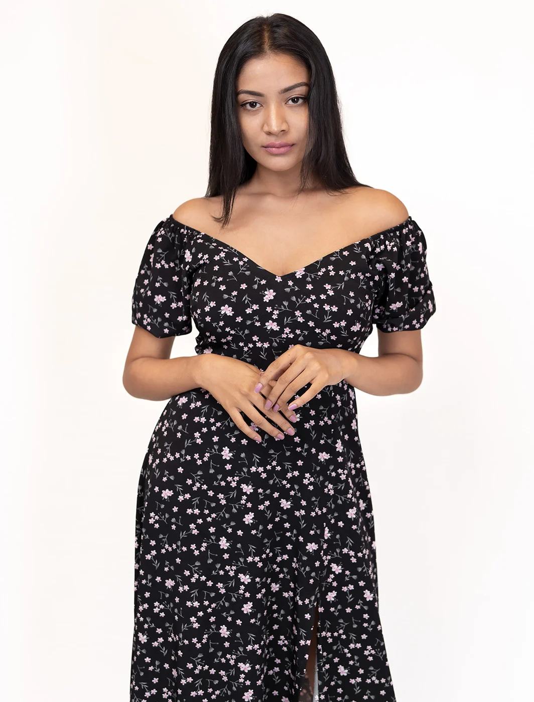 Aaliya Black Floral Midi Dress